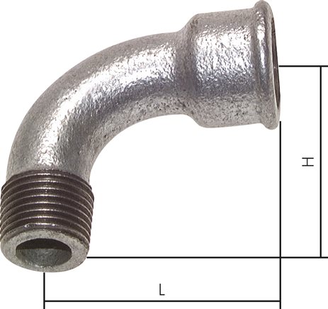 Exemplary representation: 90° screw-in bend with female & male thread, galvanised malleable cast iron