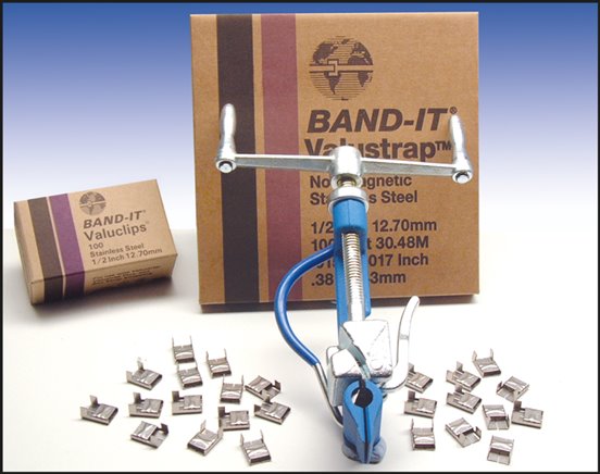 Illustrazione esemplare: Band-It Valustrap, Valuclips, utensile di montaggio
