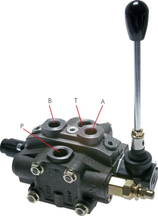 Príklady vyobrazení: Lisovaný hydraulický manuální pákový ventil se vstupními a výstupními prvky
