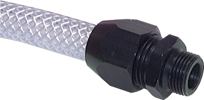 Exemplary representation: Straight screw-in fitting for fabric hose TX, cylindrical thread, aluminium