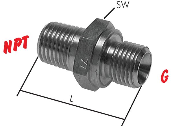 Illustrazione esemplare: Doppio nipplo con filettatura G / filettatura NPT, 1.4571