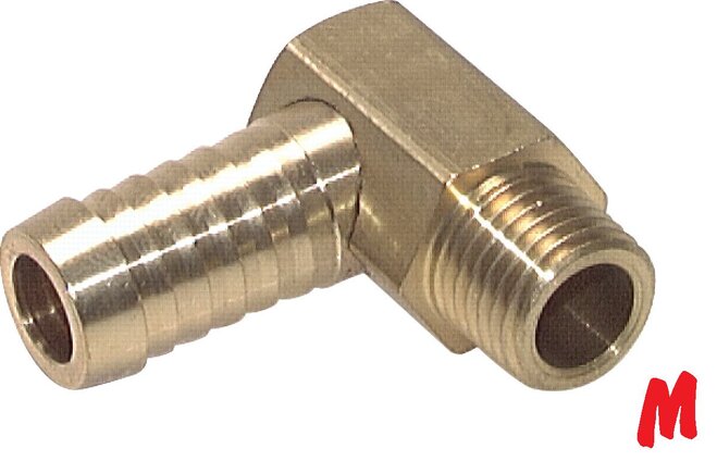 Representación de ejemplo: Boquilla roscada en ángulo con rosca métrica, latón