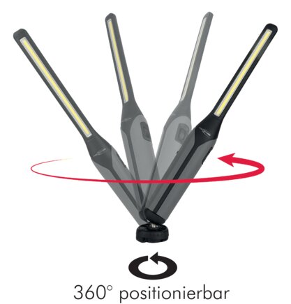 Príklad použití: Akumulátorovou rucní svítilnu lze polohovat o 360°