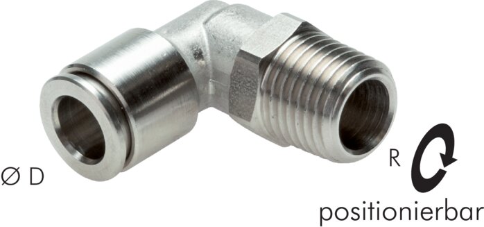Exemplary representation: Push-in L-fitting (positionable) with conical thread, stainless steel