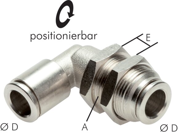 Exemplary representation: Angular bulkhead connector with cylindrical thread, nickel-plated brass