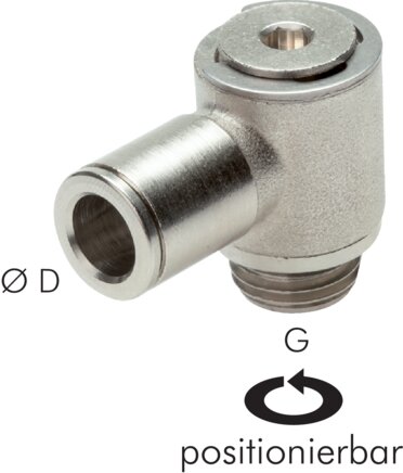 Zgleden uprizoritev: Push-in L-fitting with cylindrical thread, compact design, nickel-plated brass