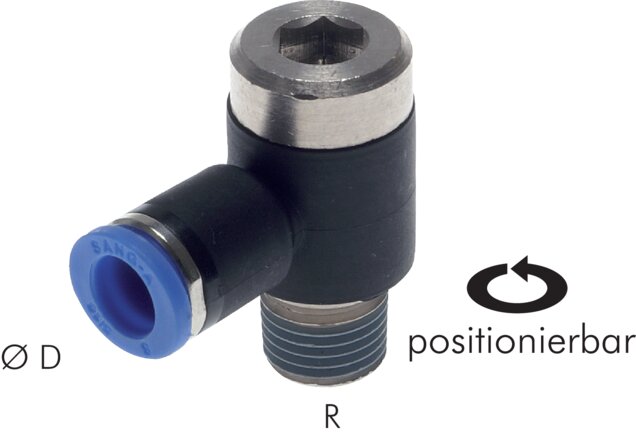 Exemplary representation: Push-in L-fitting with hexagon socket and conical thread