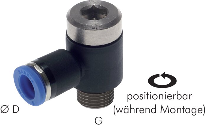Exemplary representation: Push-in L-fitting with hexagon socket and cylindrical thread