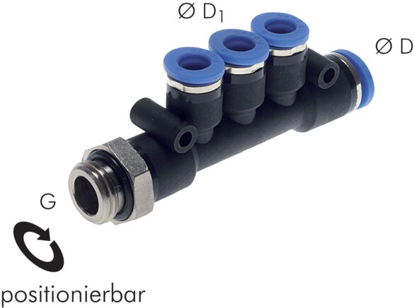 Exemplary representation: T-manifold with cylindrical male thread and 3 outlets