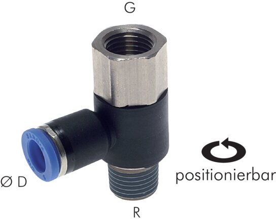 Exemplary representation: Push-in L-fitting with cylindrical female and conical male thread
