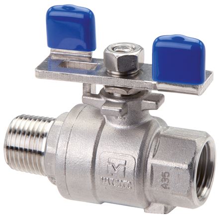 Exemplary representation: Stainless steel ball valve, 2-part, lightweight design, with full bore, toggle handle
