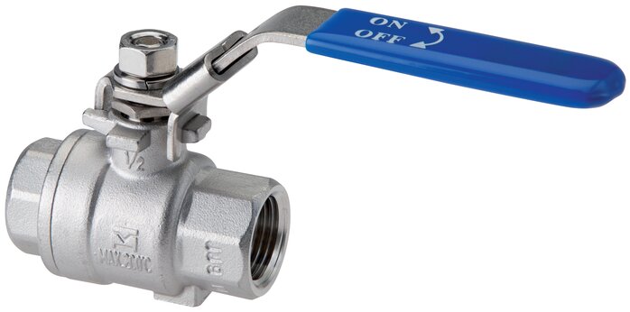 Representación de ejemplo: Válvula de bola de acero inoxidable de 2 piezas, construcción liviana, paso pleno, estándar