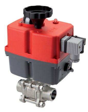 Principskitse: Kugleventil i rustfrit stål med elektrisk svingdrev, påsvejsningsender