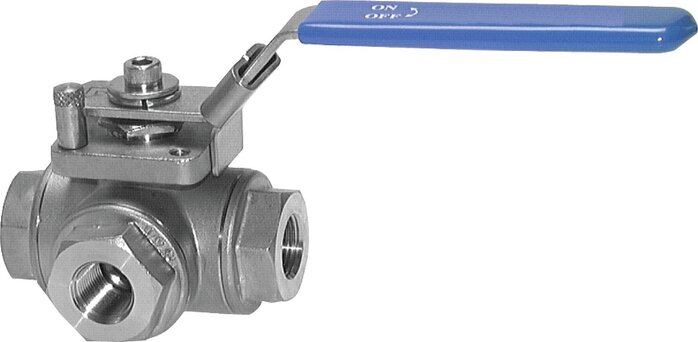 Principskitse: 3-vejs kuglehane i rustfrit stål