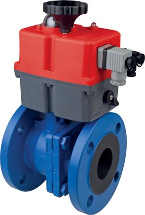 Principskitse: Flangekugleventil PN 40 med elektrisk svingdrev