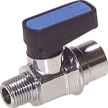 Exemplary representation: Mini ball valve with toggle handle on one side, compact, female / male thread