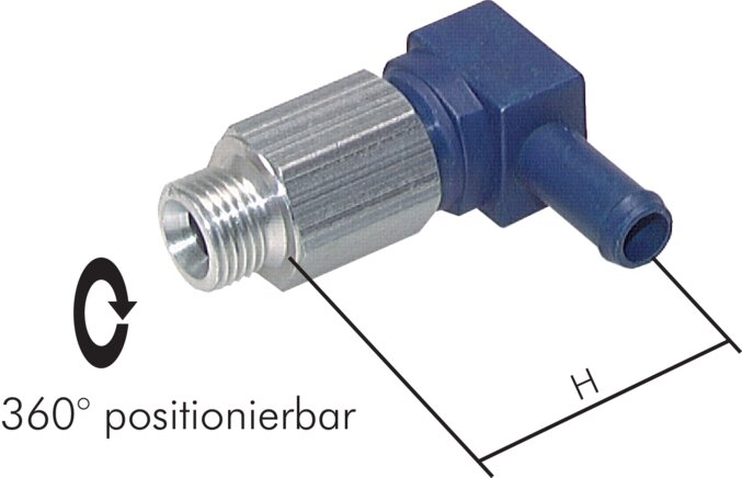 Illustrazione esemplare: Connettore a nipplo a L orientabile per tubo PU, PUN e PA, filettatura cilindrica, Zamak / alluminio ossidato