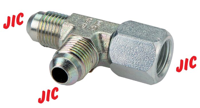 Illustrazione esemplare: Raccordo filettato a T con filettatura JIC (interna/esterna/esterna), acciaio zincato