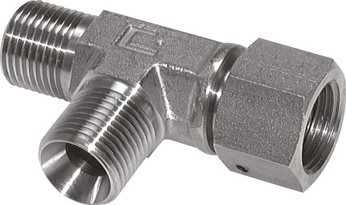 Zgleden uprizoritev: T-screw connection with G-thread (60° universal sealing cone, female/male/male/), 1.4571