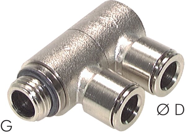 Exemplary representation: Angular push-in connection, compact (positionable), series C, double, nickel-plated brass