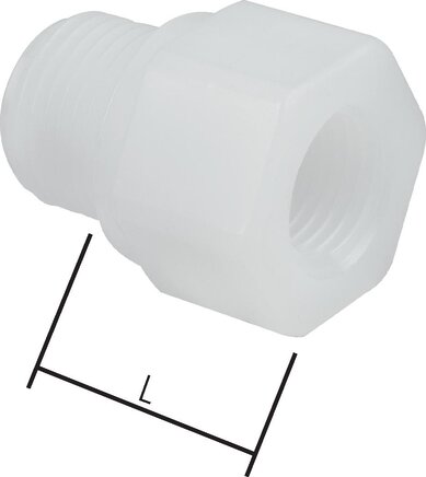 Zgleden uprizoritev: Reduction nipple with cylindrical male and female thread, polypropylene (G 1/4" to G 1/2" MT) & PVDF