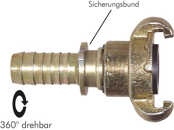 Principskitse: Kompressorkobling med slangestuds og låsekrave, drejelig, galvaniseret formbart støbejern, NBR-pakning