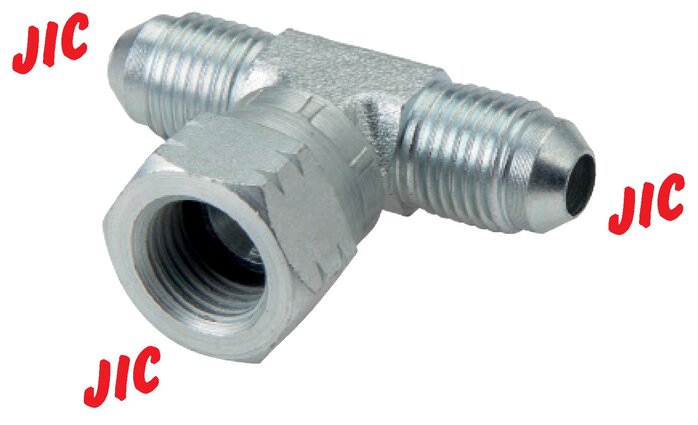 Illustrazione esemplare: Raccordo filettato a T con filettatura JIC (esterna/interna/esterna), acciaio zincato