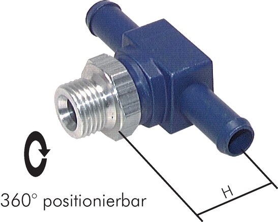 Representación de ejemplo: Racor giratorio con casquillo de inserción T para manguera de PUR, PUN y PA, zamac / aluminio anodizado