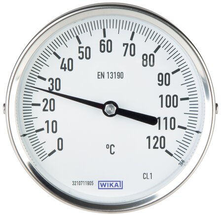Illustrazione esemplare: Termometro bimetallico orizzontale senza tubo di protezione, collare 18 mm