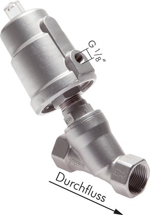 Príklady vyobrazení: Nerezový úhlový sedlový ventil, pneumaticky ovládaný, nerezová ocel