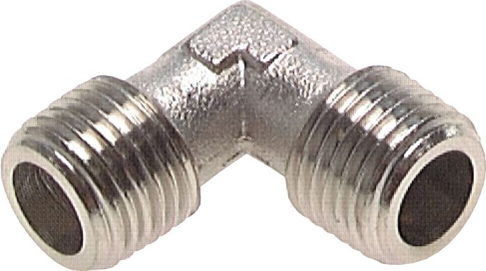 Exemplary representation: 90° angle with male thread, nickel-plated brass