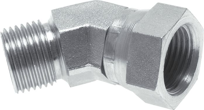 Zgleden uprizoritev: 45° elbow fitting with G-thread (60° universal sealing cone, f/m), galvanised steel