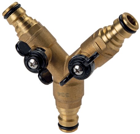 Exemplarische Darstellung: Kupplungsstecker (Y-Kupplungsverbinder), Messing, mit Kugelhähnen