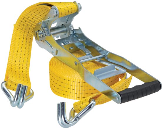 Zgleden uprizoritev: Lashing belt with pull ratchet with long lever (2-part with pointed hook)