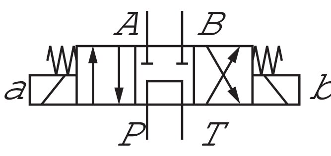 Schematický symbol: 4/3-dráhový ventil, spínání G