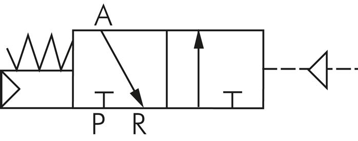 Schematický symbol: 3/2-dráhový pneumatický ventil, uzavrená základní poloha (NC)