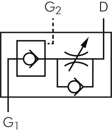 Schematic symbol: Throttle check valve (exhaust regulating) with pilot operated check valve