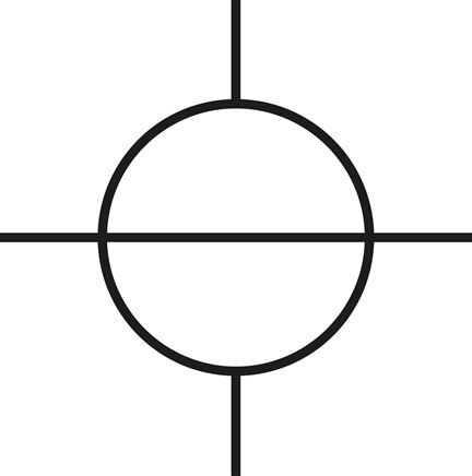 Schematický symbol: 4-dráhový kulový kohout, pruchod
