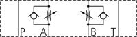 Schematický symbol: Škrticí zpetný nárazový ventil (A a B)